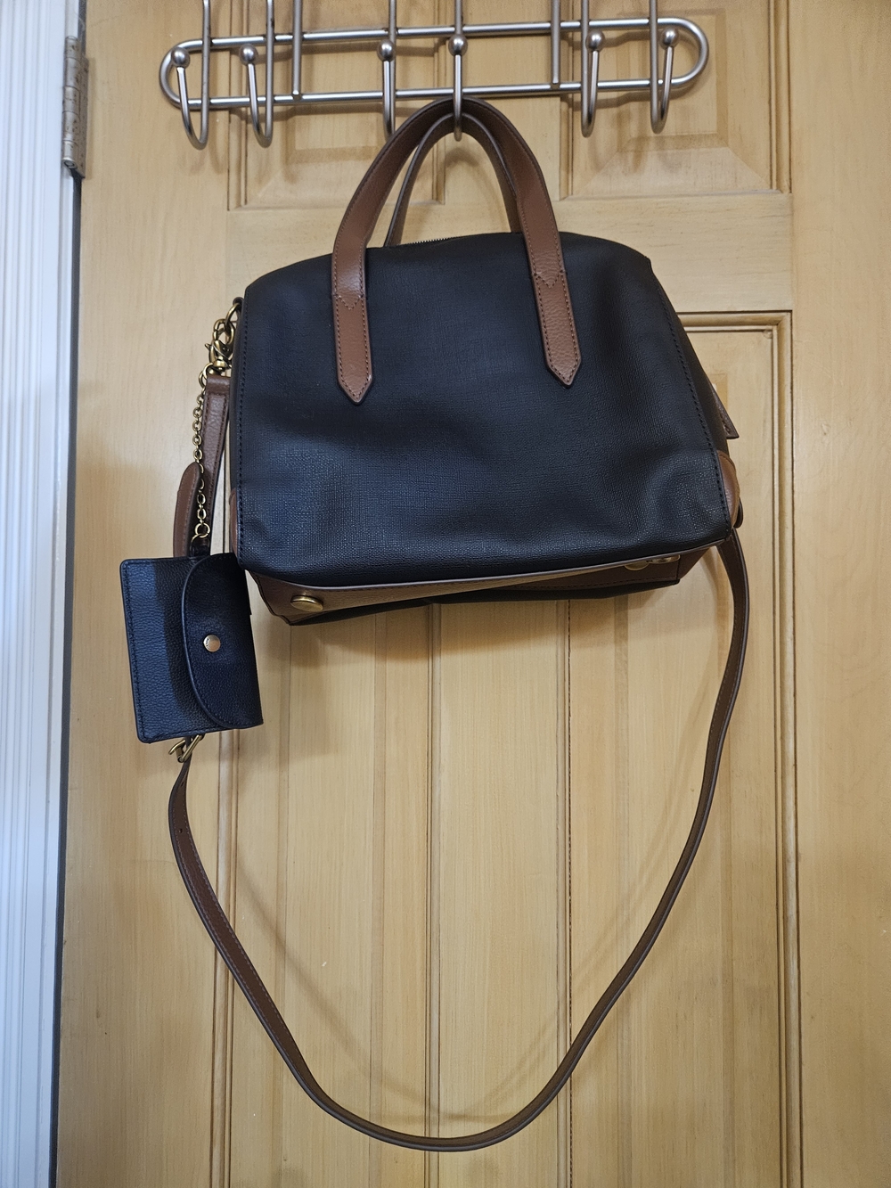Fossil Black and Brown Women's Leather Satchel Bag with Crossbody Strap